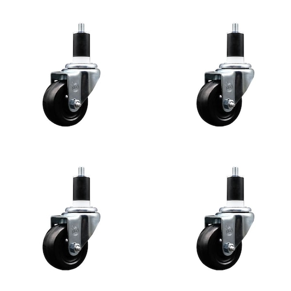 3'' Hard Rubber Wheel Swivel 1-1/2'' Expanding Stem Caster, 4PK
